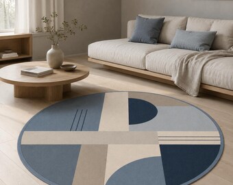 Bauhaus Round Rug, Blue Geometric Bedroom Carpet, Modern Decor