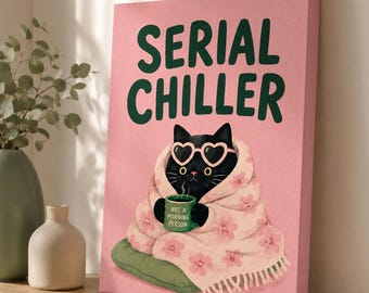 Serial Chiller Cat Canvas Wall Art, Funny Black Cat Print, Cozy Decor