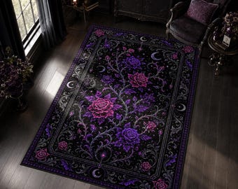 Gothic Rose Rug, Purple Moon Floral Carpet, Witchy Room Decor