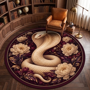 May include: A round area rug featuring a large, coiled beige cobra with red eyes centred on a dark burgundy background. The design includes detailed cream-coloured peony flowers and dark purple foliage surrounding the snake in a circular pattern.