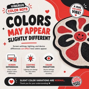 The image is an advertisement for a product called "Viberug Color Note". It features a large red and black flower-shaped object with a smiling face, surrounded by text and images.