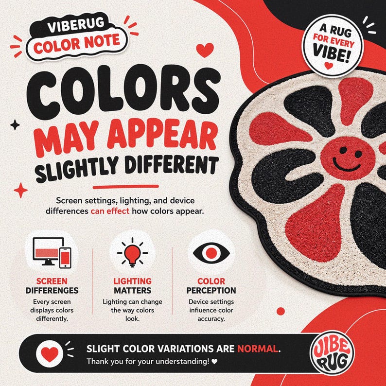 The image is an advertisement for a product called "Viberug Color Note". It features a large red and black flower-shaped object with a smiling face, surrounded by text and images.