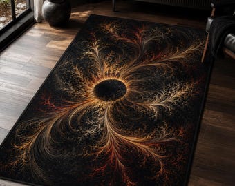 Gothic Eclipse Rug, Black Gold Fractal Carpet, Dark Academia Decor