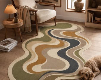Sage Green Wavy Rug, Abstract Flow Carpet, Earth Tone Decor