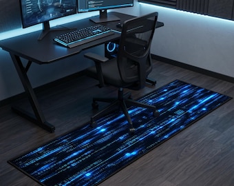 Cyberpunk Rug, Blue Matrix Code Runner, Gamer Room Carpet