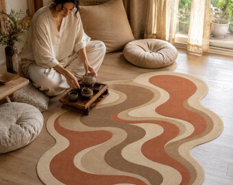 Terracotta Wavy Rug, Neutral Flow Carpet, Boho Bedroom Decor