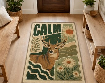 Alfombra de ciervo tranquilo, alfombra botánica de bosque, decoración bohemia verde para la habitación.