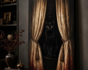 Black Cat Canvas Wall Art, Gothic Curtain Portrait, Witchy Room Decor