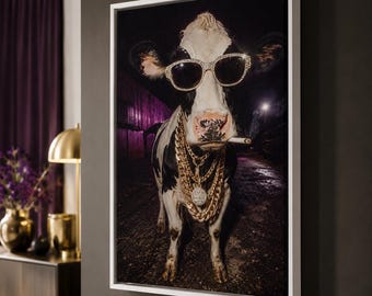 Funny Cow Canvas Wall Art, Bling Farm Animal Print, Moody Bar Decor
