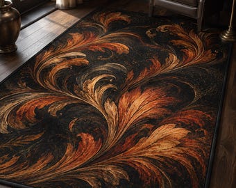 Gothic Acanthus Rug, Black Gold Scroll Carpet, Dark Academia Decor