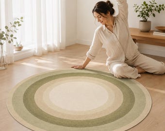 Sage Green Round Rug, Boho Circle Carpet, Japandi Room Decor