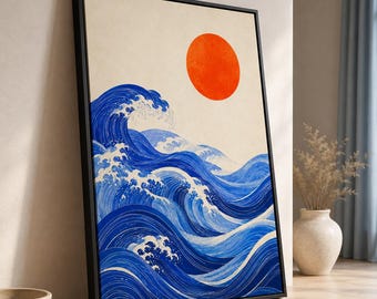Blue Ocean Wave Canvas Wall Art, Red Sun Coastal Print, Japandi Decor