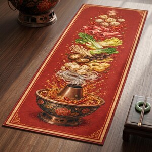 Hot Pot Runner Rug, Red Asian Kitchen Carpet, Foodie Gift