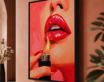 Red Lips Canvas Wall Art, Lighter Flame Print, Glam Bedroom Decor