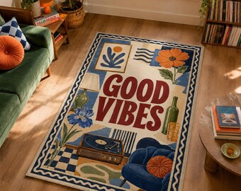 Alfombra Good Vibes, alfombra floral de vinilo retro, decoración de habitación estilo boho.