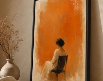 Orange Figurative Canvas Wall Art, Seated Woman Print, Warm Bedroom Decor