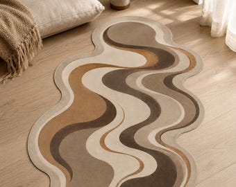 Neutral Wavy Rug, Earth Tone Flow Carpet, Japandi Room Decor