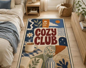 Cozy Club Rug, Coffee Book Floral Carpet, Reading Nook Decor