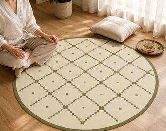 Round Sage Green Rug, Boho Diamond Carpet, Minimalist Room Decor