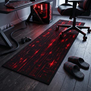 Red Matrix Rug, Cyberpunk Code Runner, Gamer Room Carpet