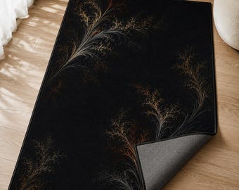 Gothic Botanical Rug, Black Minimalist Carpet, Dark Academia Decor