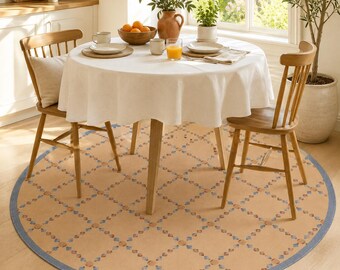 Round Boho Rug, Blue Border Lattice Carpet, Coastal Room Decor