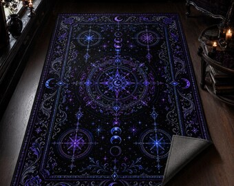 Celestial Compass Rug, Purple Moon Carpet, Gothic Room Decor