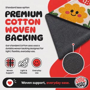 The image is an advertisement for a premium cotton woven backing, featuring a close-up of the backing material and a cartoon flower design.
