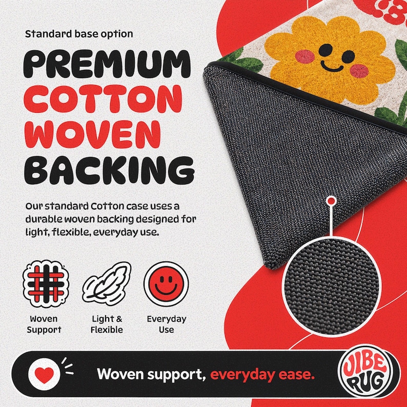 The image is an advertisement for a premium cotton woven backing, featuring a close-up of the backing material and a cartoon flower design.