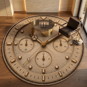 Puede incluir: Una alfombra circular grande con un diseño detallado de esfera de reloj en tonos beige y marrón, con tres subesferas, marcadores de hora y manecillas largas. La alfombra es texturizada y sostiene una mesa de centro de cristal y una silla de cuero.
