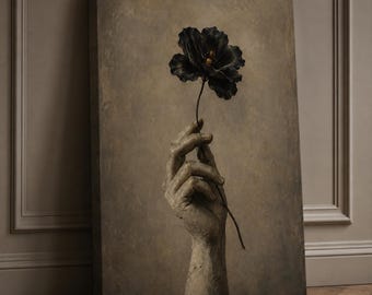 Black Flower Canvas Wall Art, Sculptural Hand Print, Moody Botanical Decor