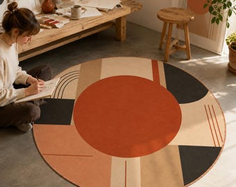Bauhaus Round Rug, Terracotta Dining Room Carpet, Modern Decor