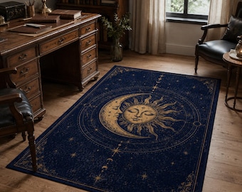 Celestial Sun Moon Rug, Navy Astrology Carpet, Witchy Decor