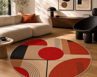 Bauhaus Round Rug, Red Abstract Studio Carpet, Modern Decor