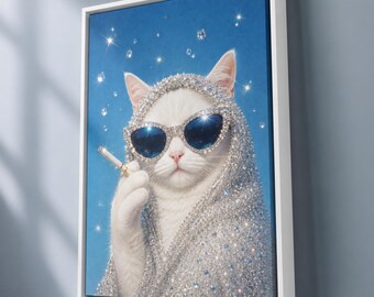 Glam Cat Canvas Wall Art, Sparkly Diva Kitty Print, Blue Room Decor