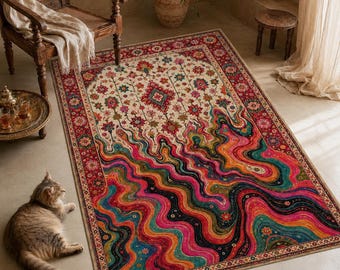 Vibrant Floral Rug, Psychedelic Melting Carpet, Maximalist Decor