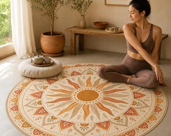 Boho Sun Mandala Round Rug, Washable Low Pile Area Rug for Living Room Decor