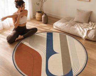 Abstract Round Rug, Mid Century Yoga Room Carpet, Modern Decor