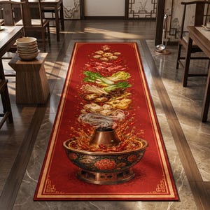 Puede incluir: Una alfombra rectangular roja tipo pasillero con una ilustración central de una olla caliente tradicional con caldo humeante, rodeada de ingredientes flotantes que incluyen carne en rodajas, bok choy, setas enoki, tofu y fideos.