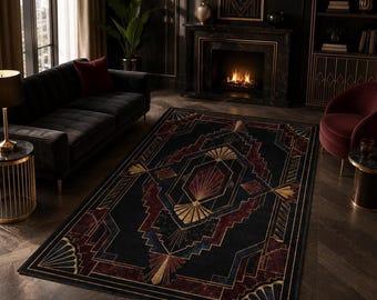 Burgundy Art Deco Area Rug, Black Gold Geometric Decor for Luxe Rooms