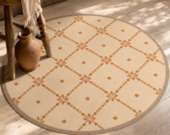 Round Floral Rug, Terracotta Lattice Carpet, Boho Room Decor
