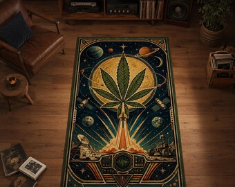 Cannabis Rug, Retro Space Rocket Carpet, Stoner Room Decor