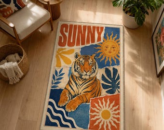 Sunny Tiger Rug, Tropical Sun Carpet, Boho Room Decor