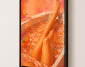 Bathroom Canvas Wall Art, Orange Bath Woman Print, Spa Decor