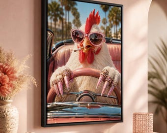 Funny Chicken Canvas Wall Art, Glam Hen Driver, Pink Salon Decor