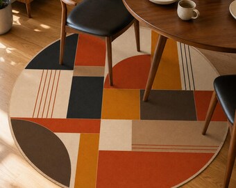 Bauhaus Round Rug, Terracotta Geometric Carpet, Dining Room Decor