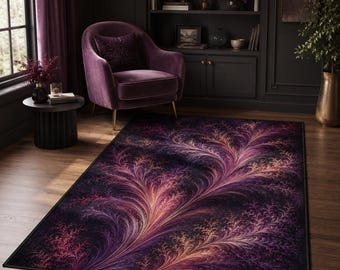 Gothic Purple Rug, Fractal Floral Carpet, Dark Academia Decor