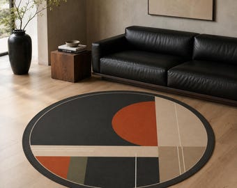 Bauhaus Round Rug, Dark Abstract Record Room Carpet, Vinyl Gift