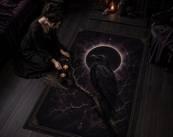 Raven Rug, Solar Eclipse Gothic Carpet, Witchy Bedroom Decor