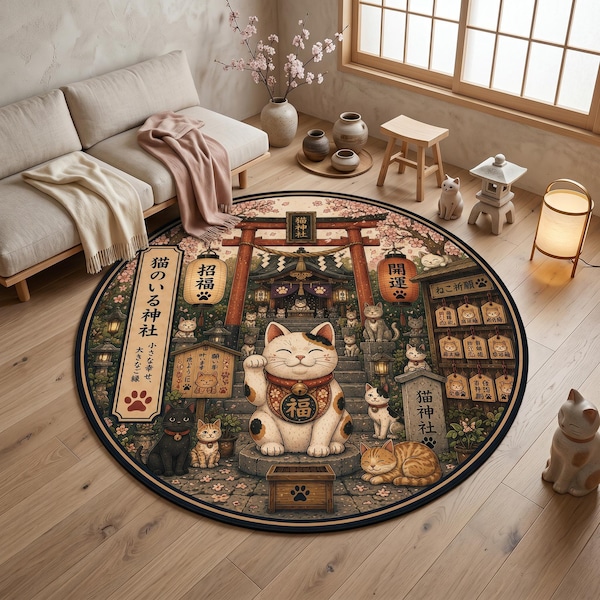 Japanese Lucky Cat Shrine Round Rug, Maneki Neko Sakura Festival Floor Decor